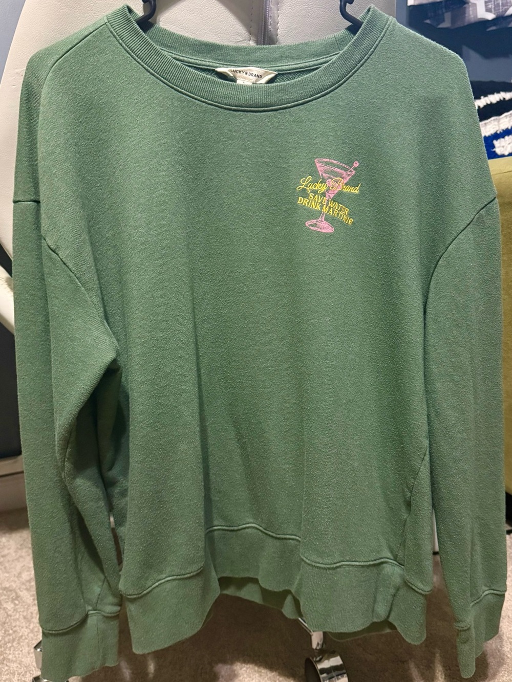 Lucky Brand Green Crewneck with Pink & Yellow Cocktail Graphic